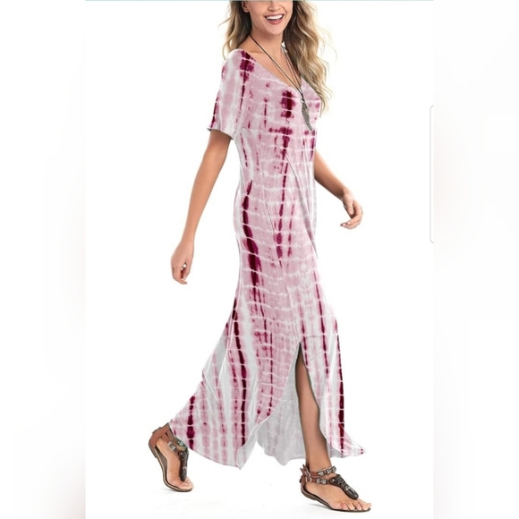 💚Summer Maxi Dress Short Sleeve V Neck Casual Loose Long Beach Split Dresses wi - Picture 4 of 5